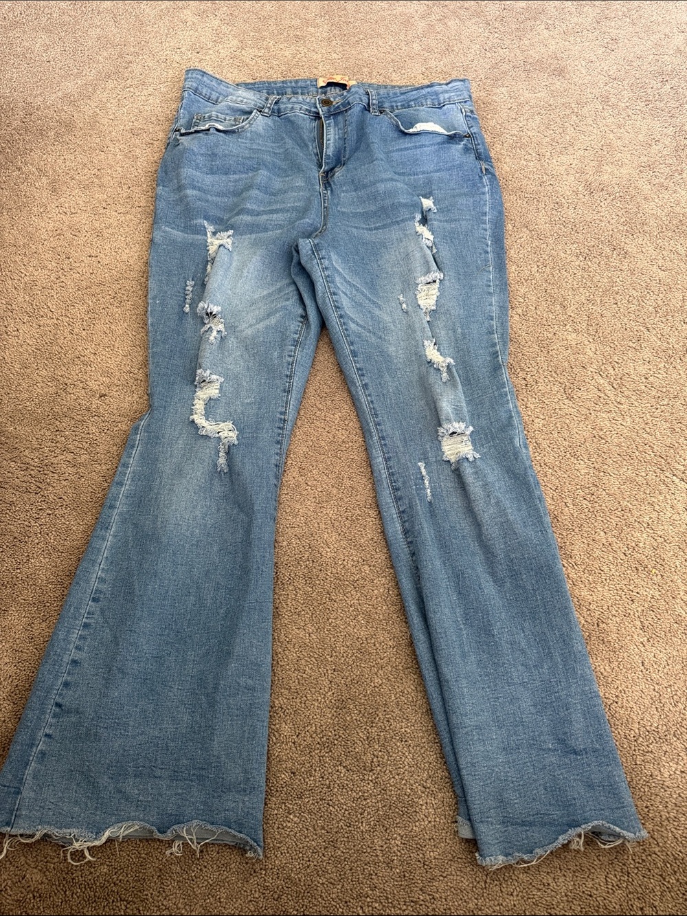 Light Blue Distressed Flare Jeans - Mid-Rise
